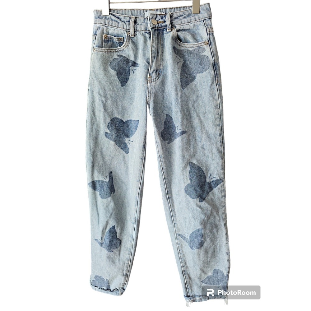 ADIKA Light Blue BUTTERFLY PRINT High‎ Waisted Tapered Leg Jeans Size XS